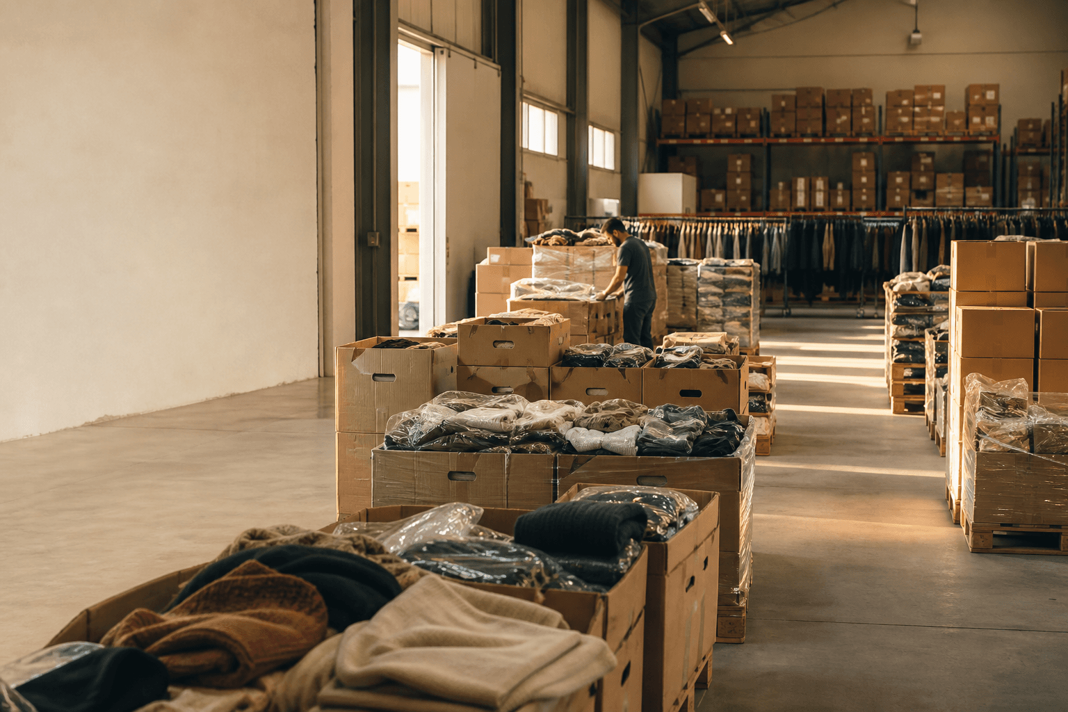 Composición visual de stock textil preparado en un almacén